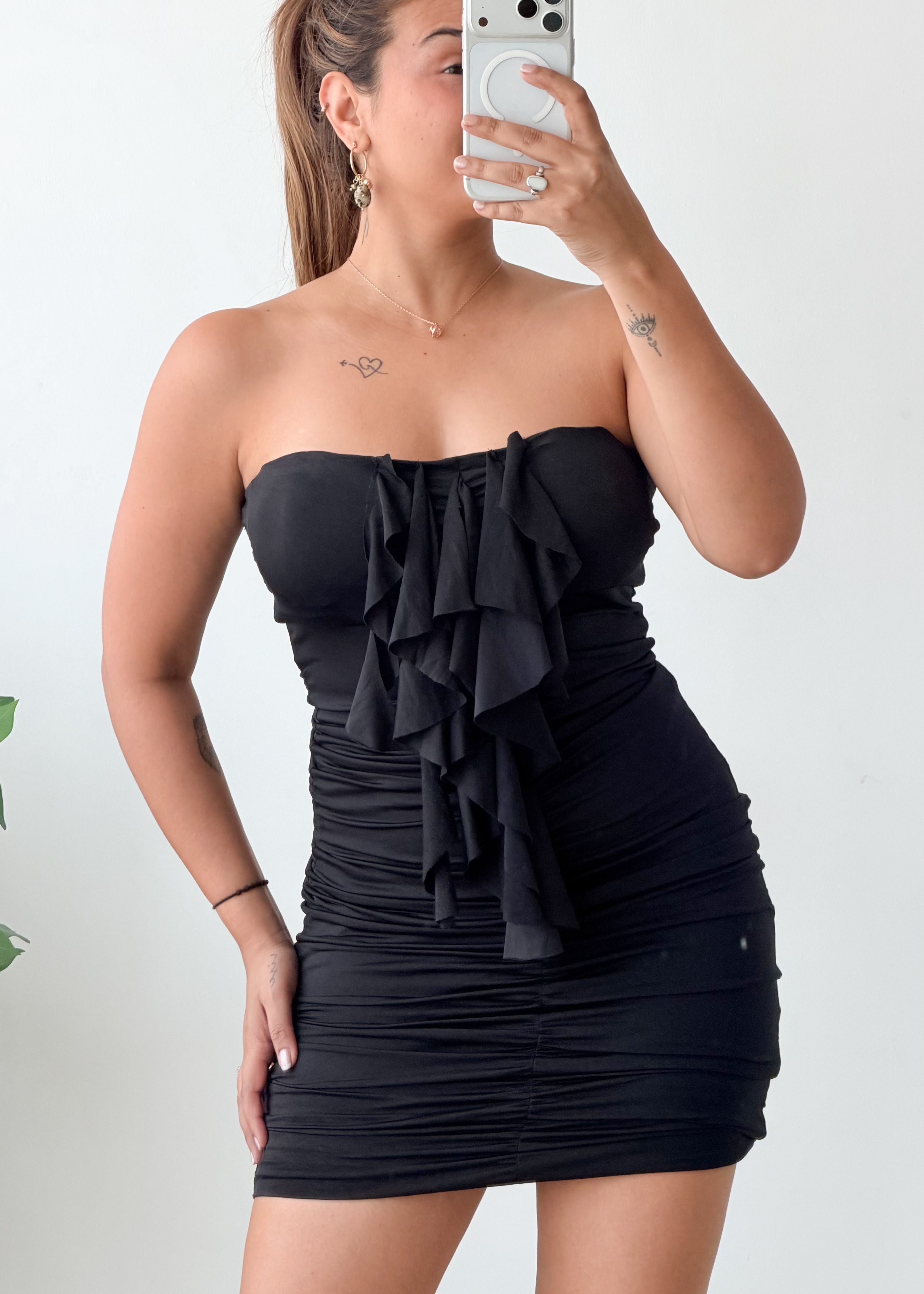 Size S-L Black Ruffle Detail Mini Dress