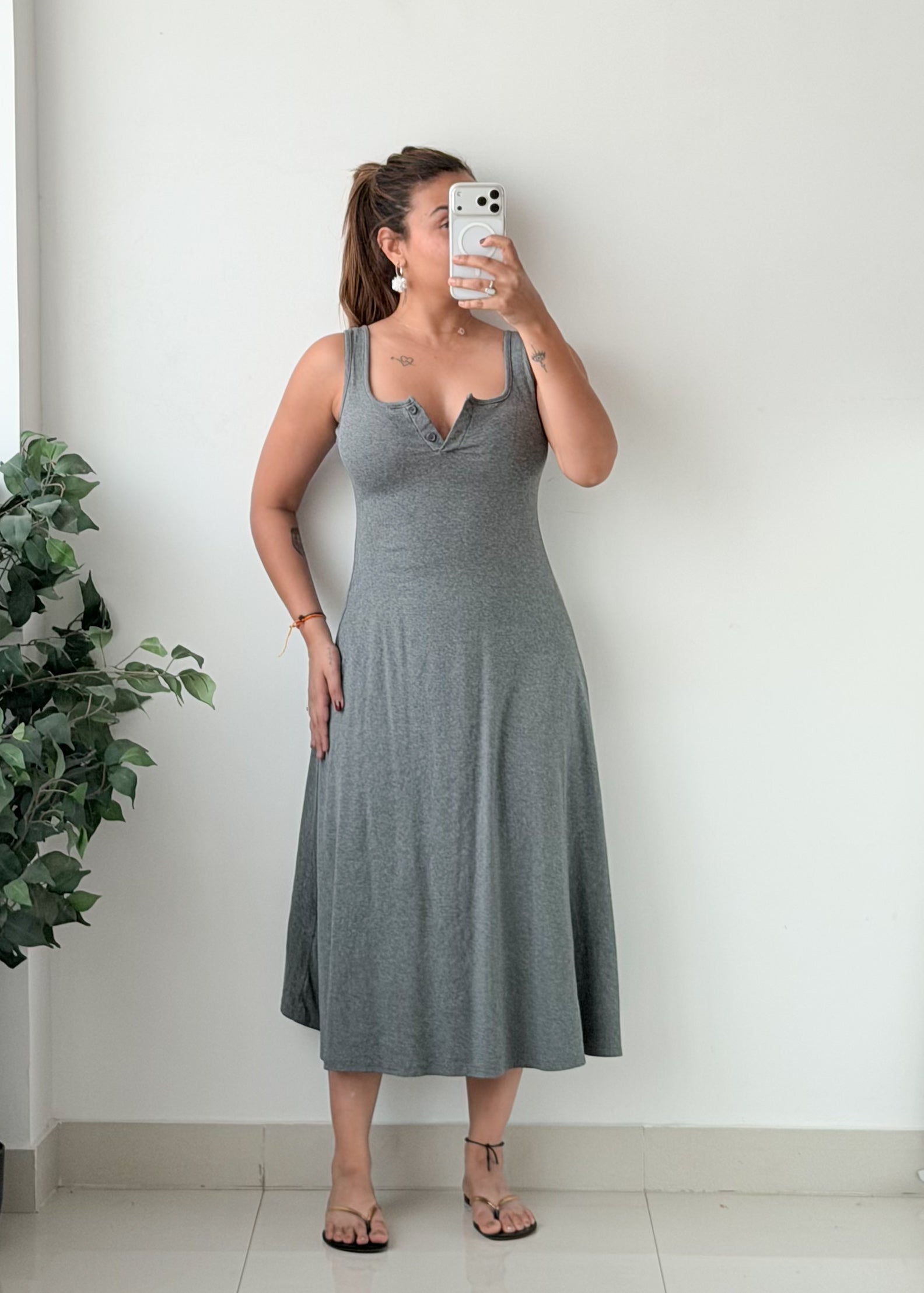 Size S-M Grey Button Front Flared padded Midi Dress