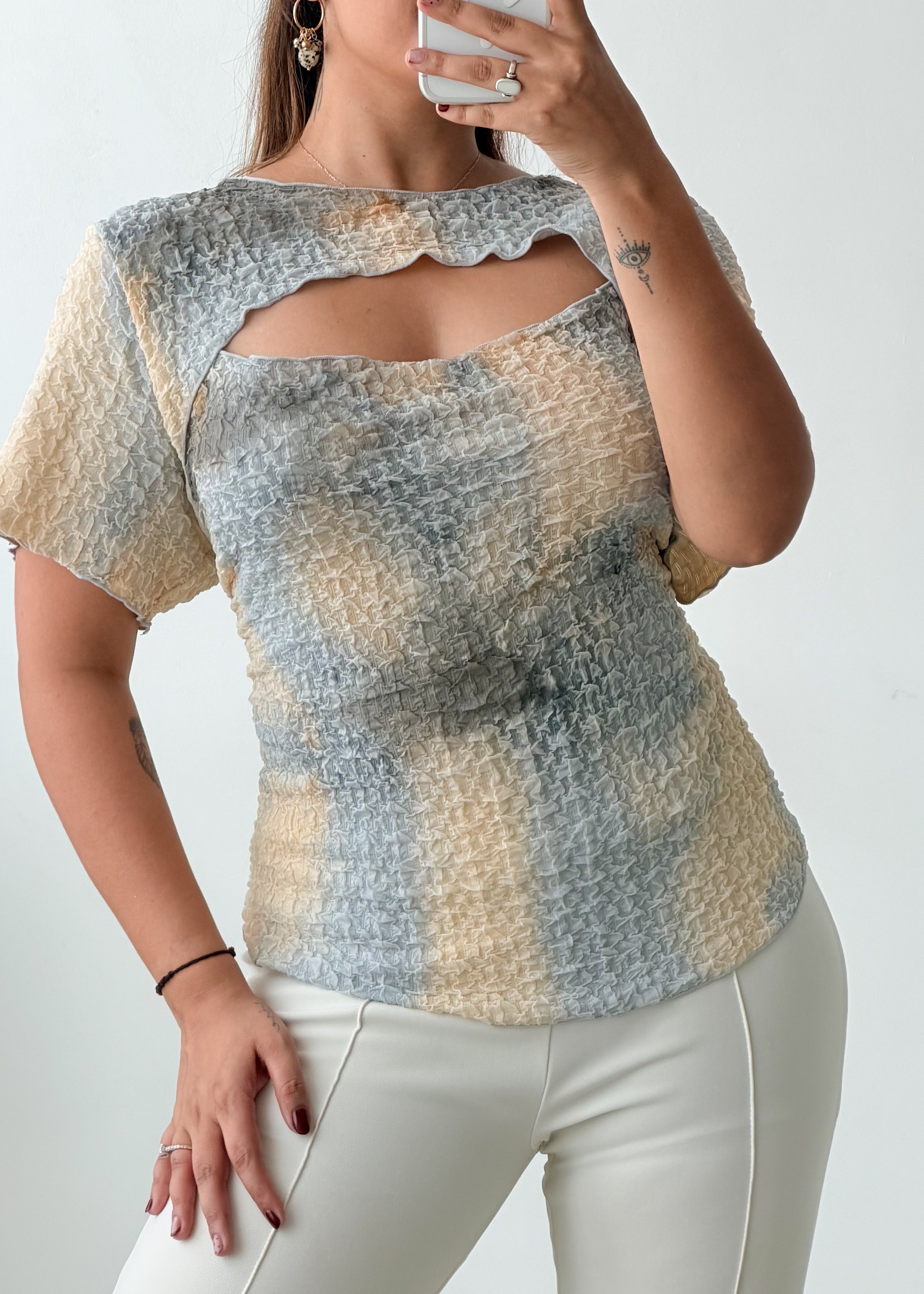 Size L-XXL Blue Cream Textured Cutout Top