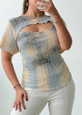 Size L-XXL Blue Cream Textured Cutout Top