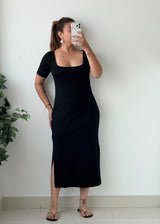Size M-L Black Square Neck Bodycon Midi Dress