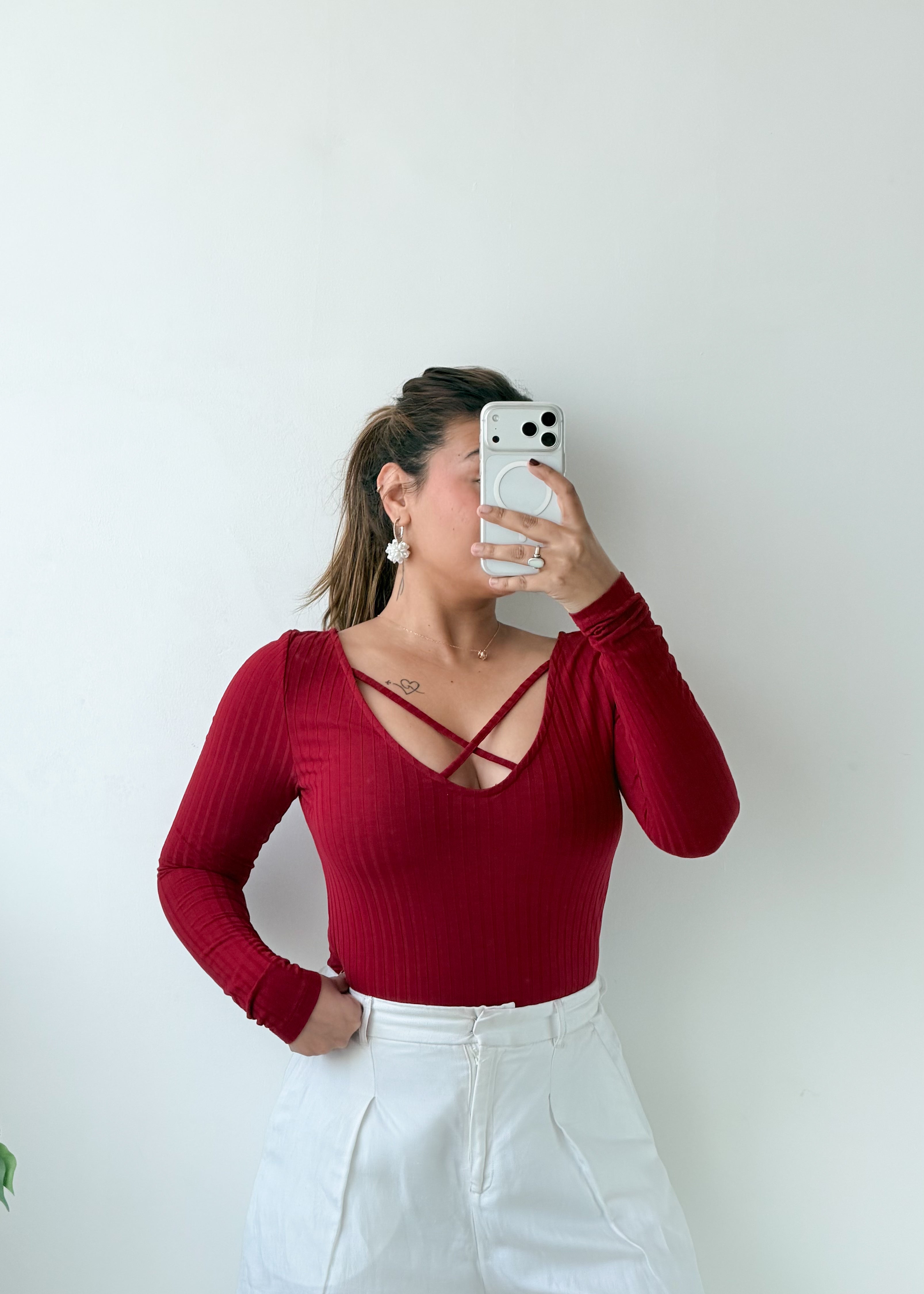 Size M-L Burgundy Crisscross Neck Ribbed Bodysuit