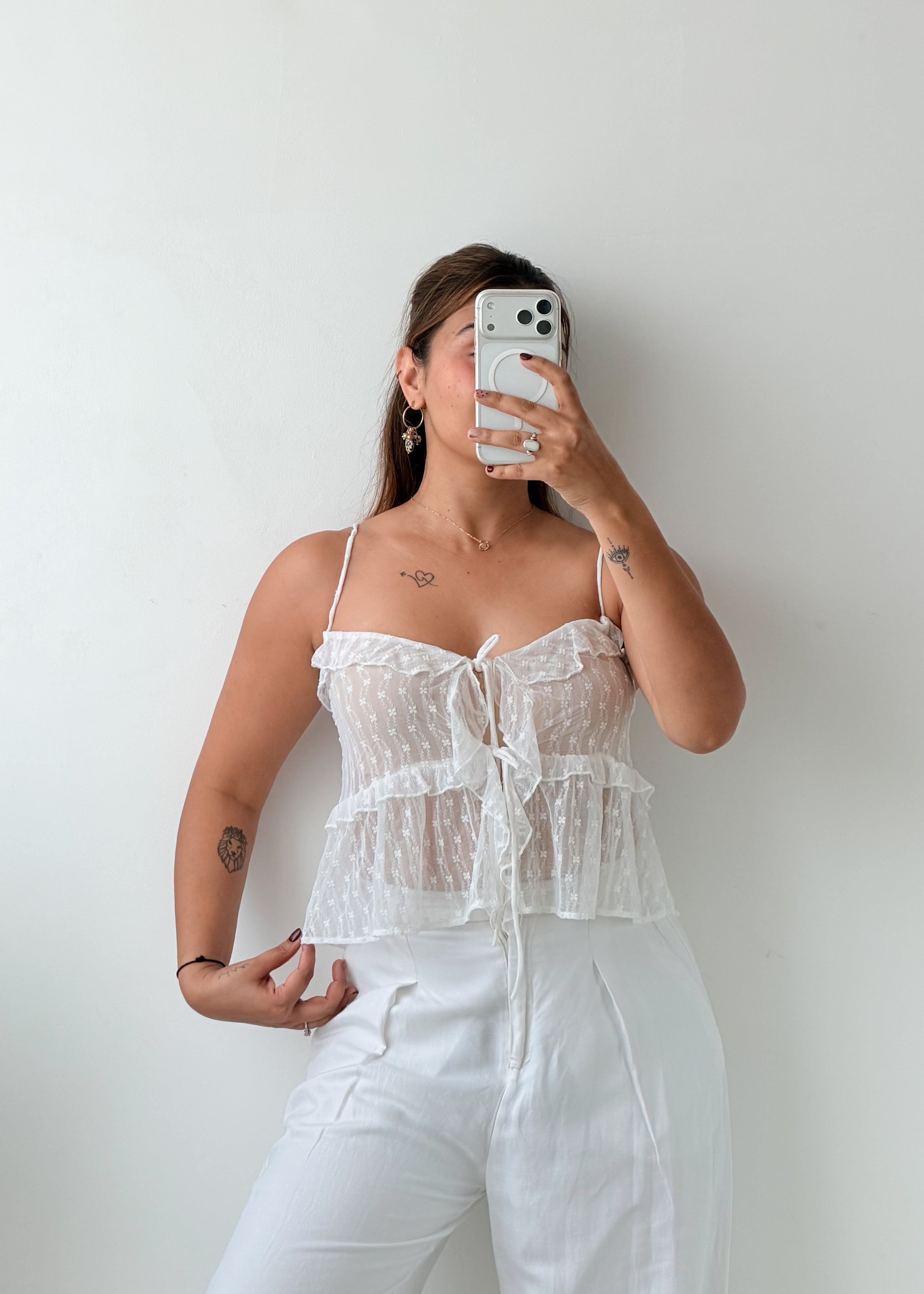 Size XS-S White Sheer Lace Tie-Front Top