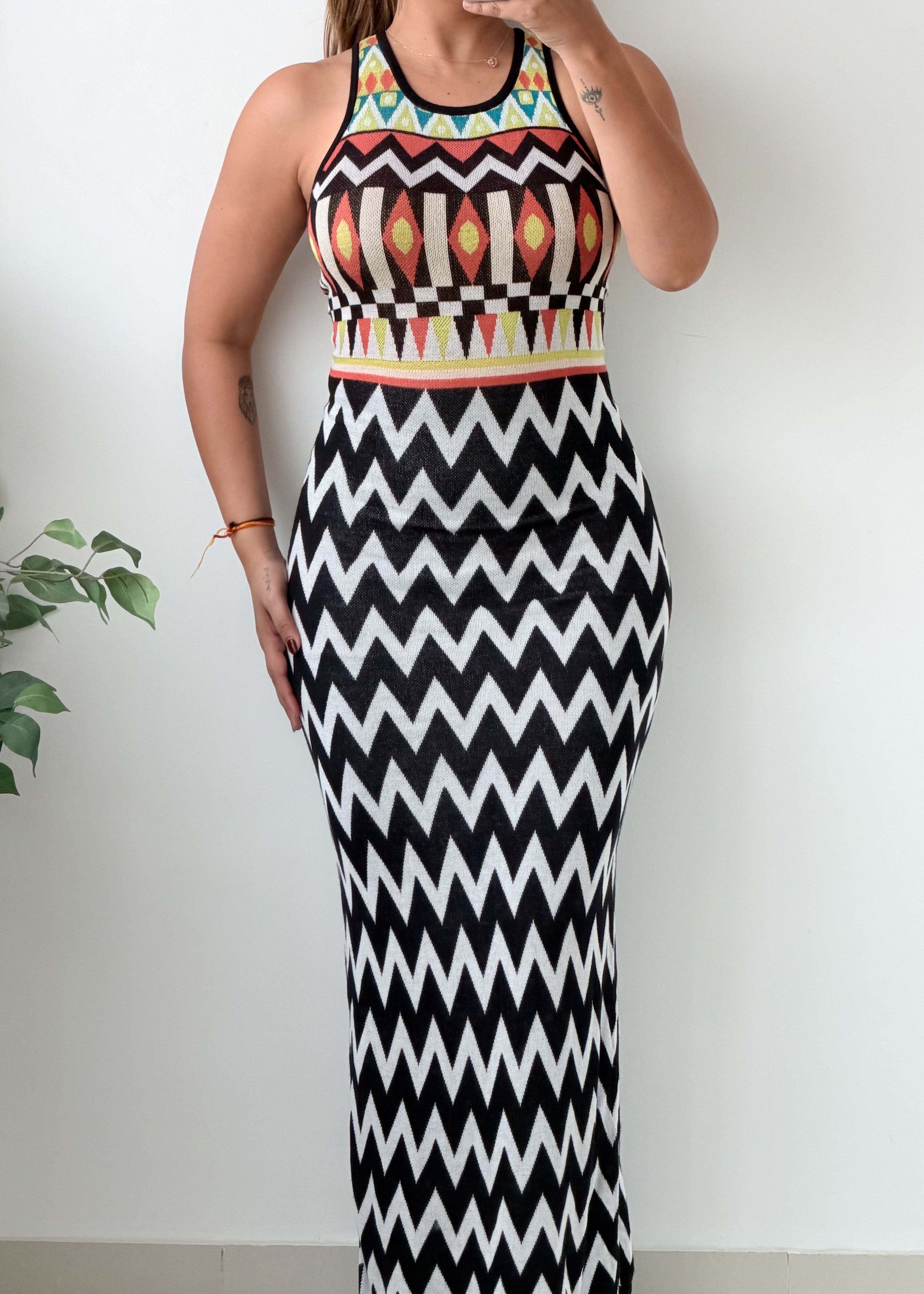 Size S-M Black White Geometric Printed Halter Neck Maxi Dress