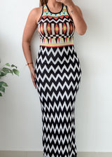 Size S-M Black White Geometric Printed Halter Neck Maxi Dress