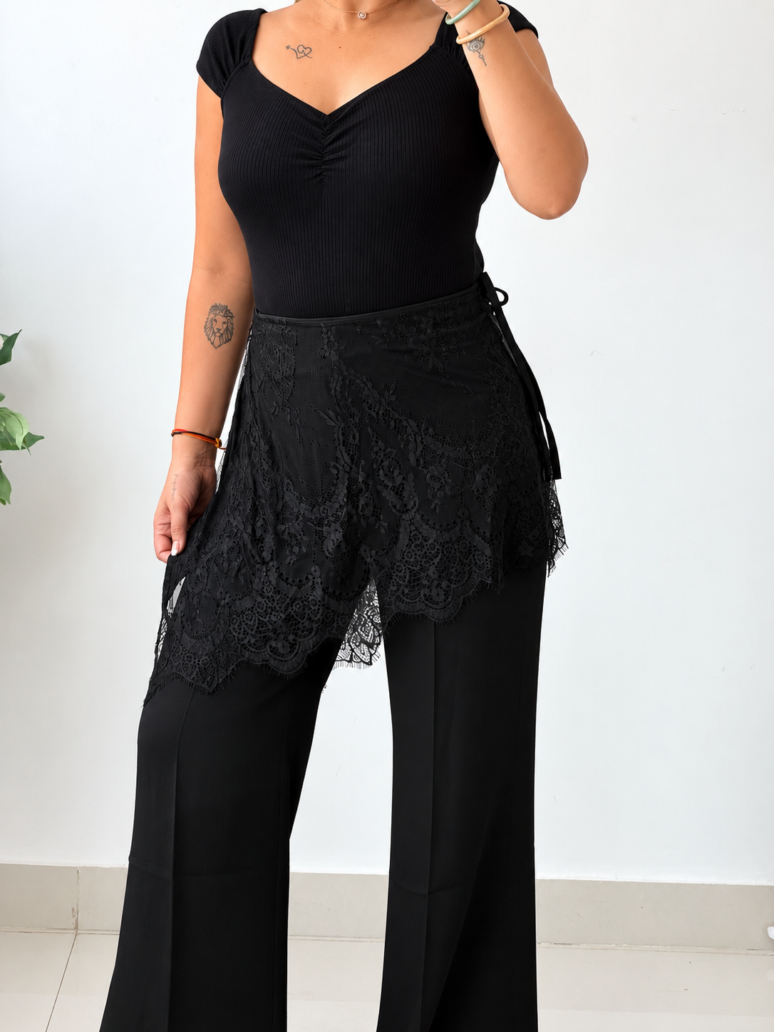 Waist 27 to 34, Black Wide Leg Tailored Pants with Front Pleats