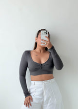 Size XS-S Charcoal Ruched Button Crop Top