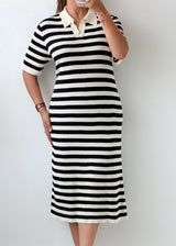 Size L-XL Black White Striped Polo Midi Dress