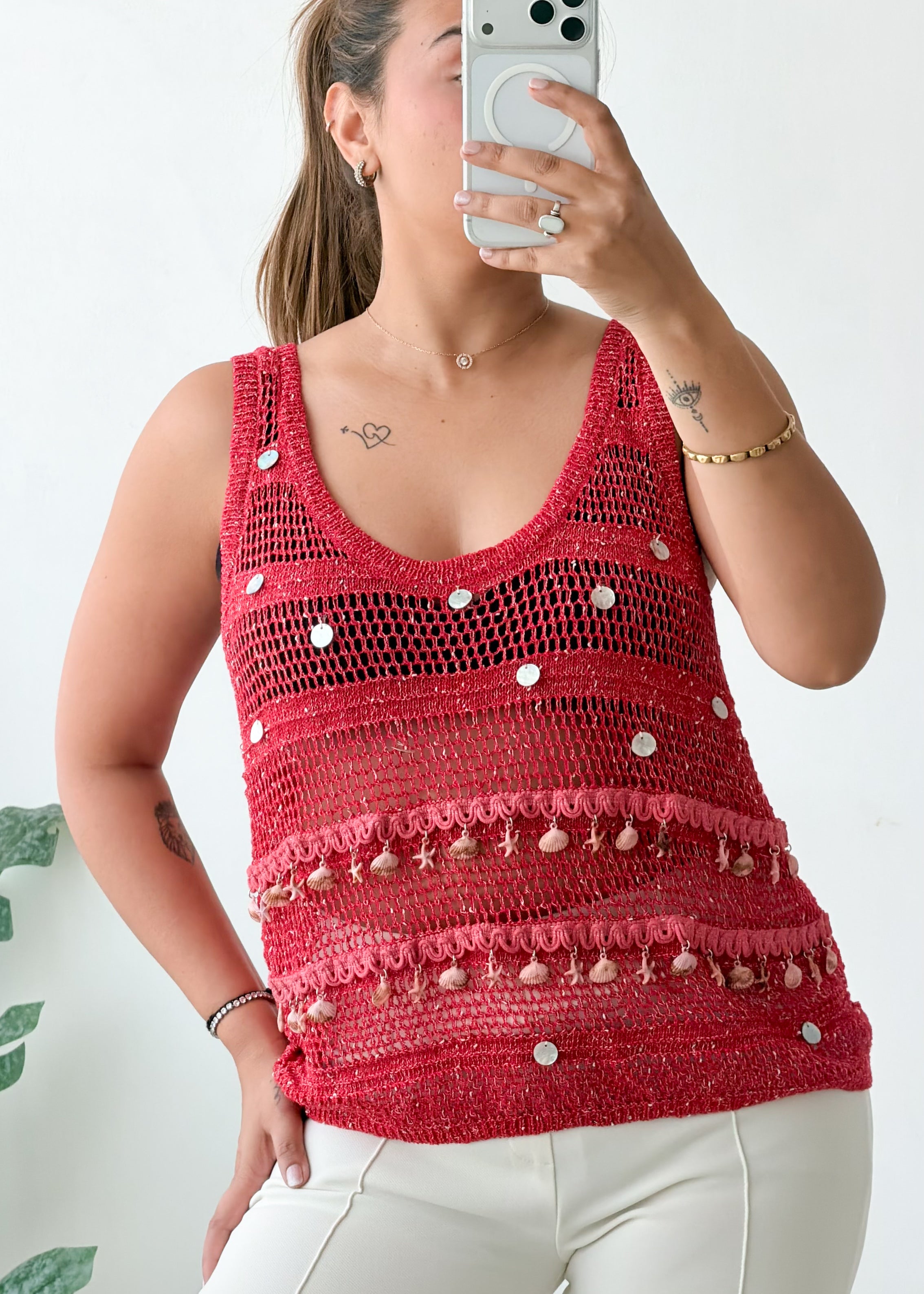 Size L-XL Pink Embellished Crochet Tank Top