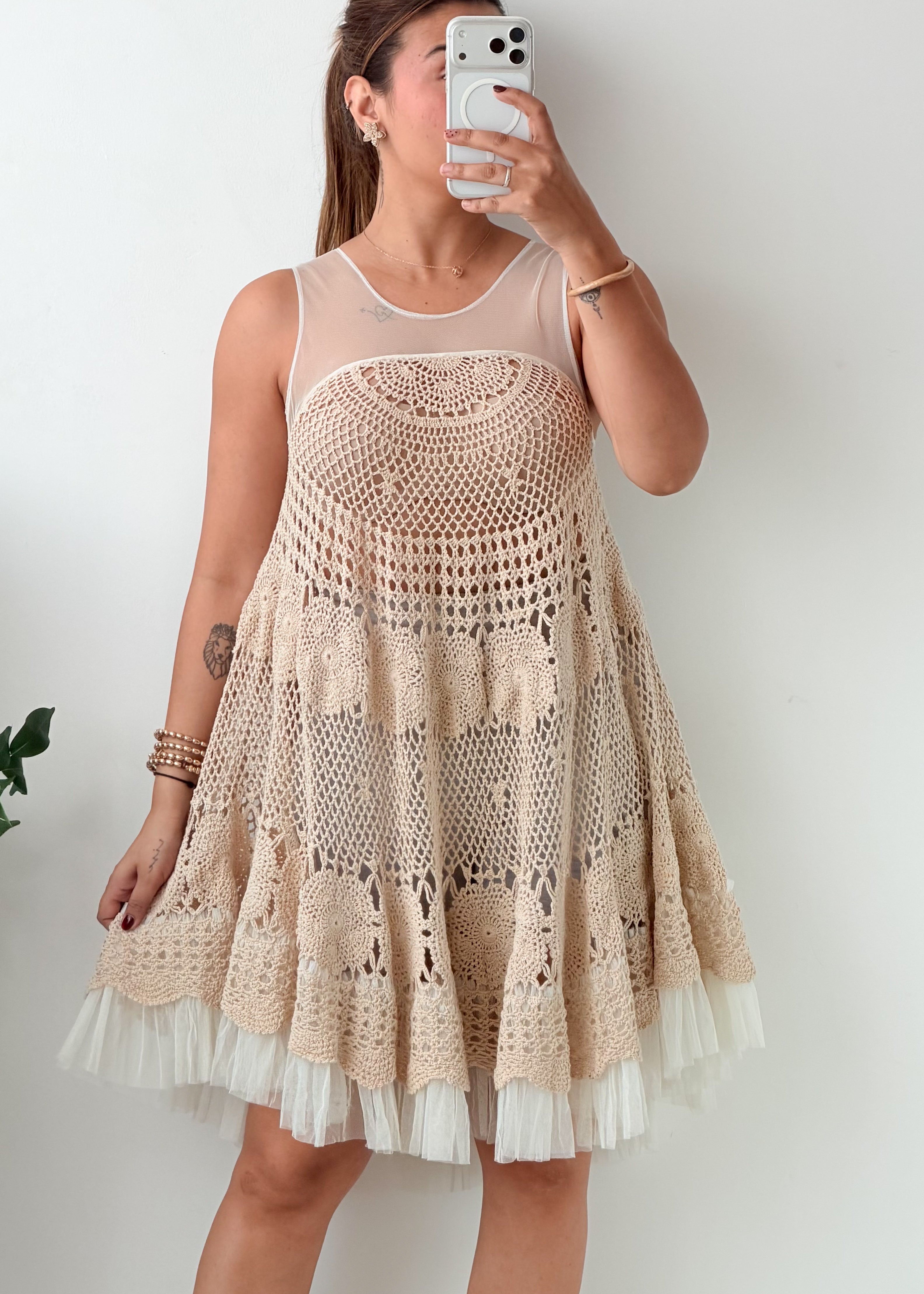 Size S-M Beige Crochet Lace Fit-and-Flare Dress