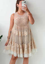 Size S-M Beige Crochet Lace Fit-and-Flare Dress