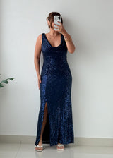 Size M-L Navy Blue Sequin Slit Maxi Dress