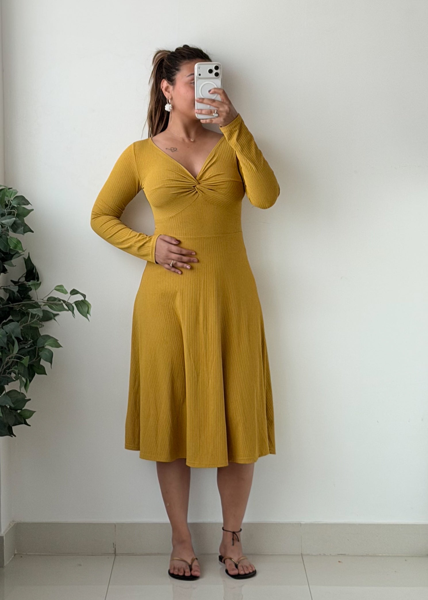 Size S-M Mustard Yellow Twist Front Flared Midi Dress
