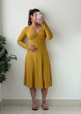 Size S-M Mustard Yellow Twist Front Flared Midi Dress