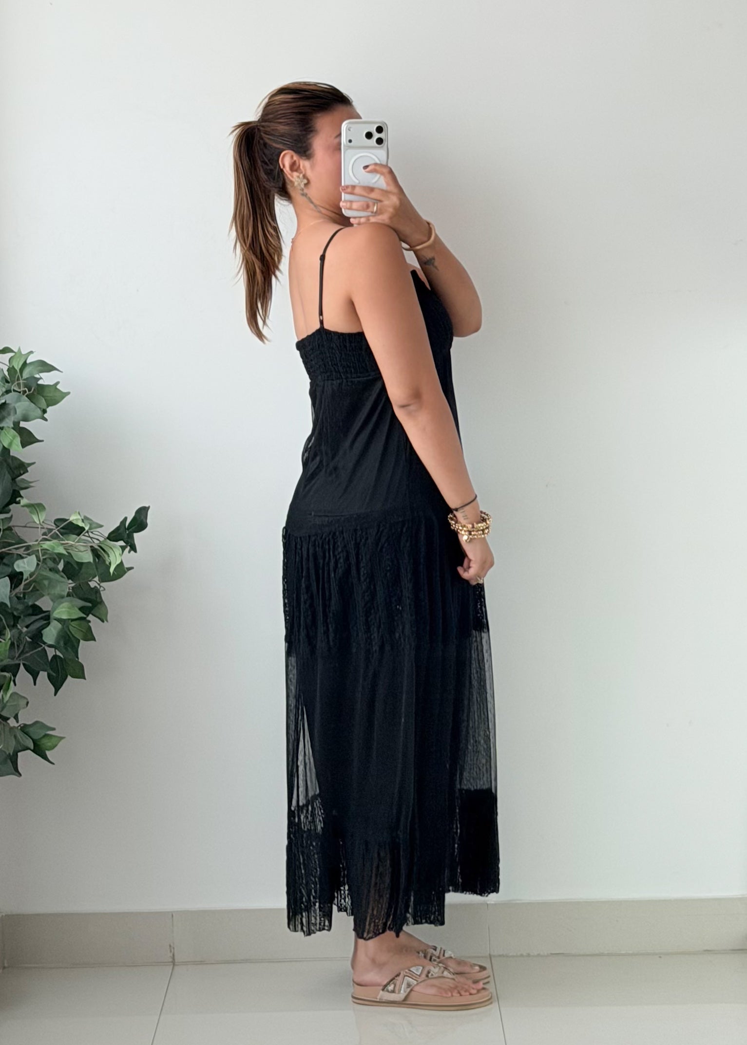 Size XS-M Black Tiered Crochet padded Maxi Dress