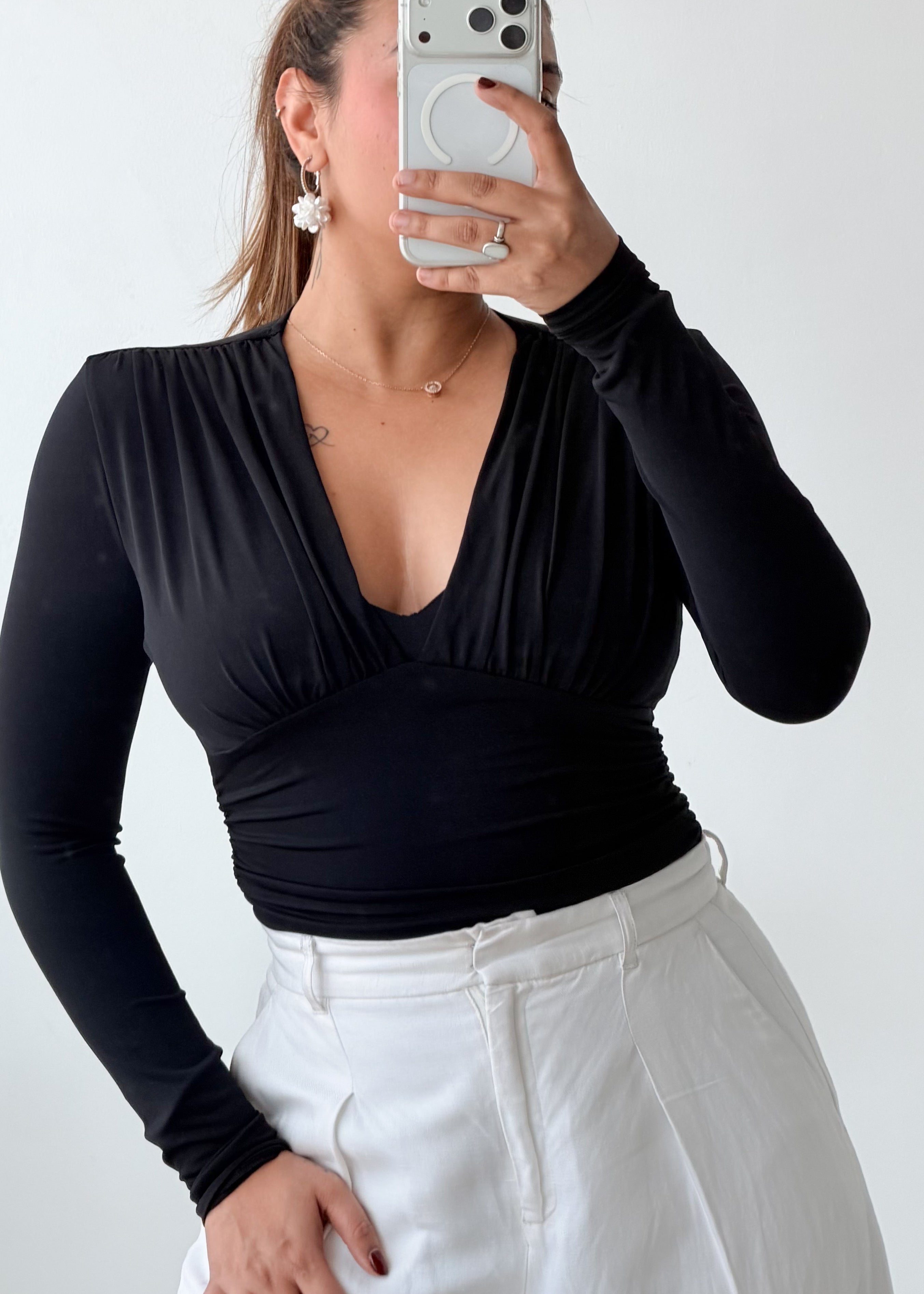 Size XS-S Black Ruched V-Neck Bodysuit