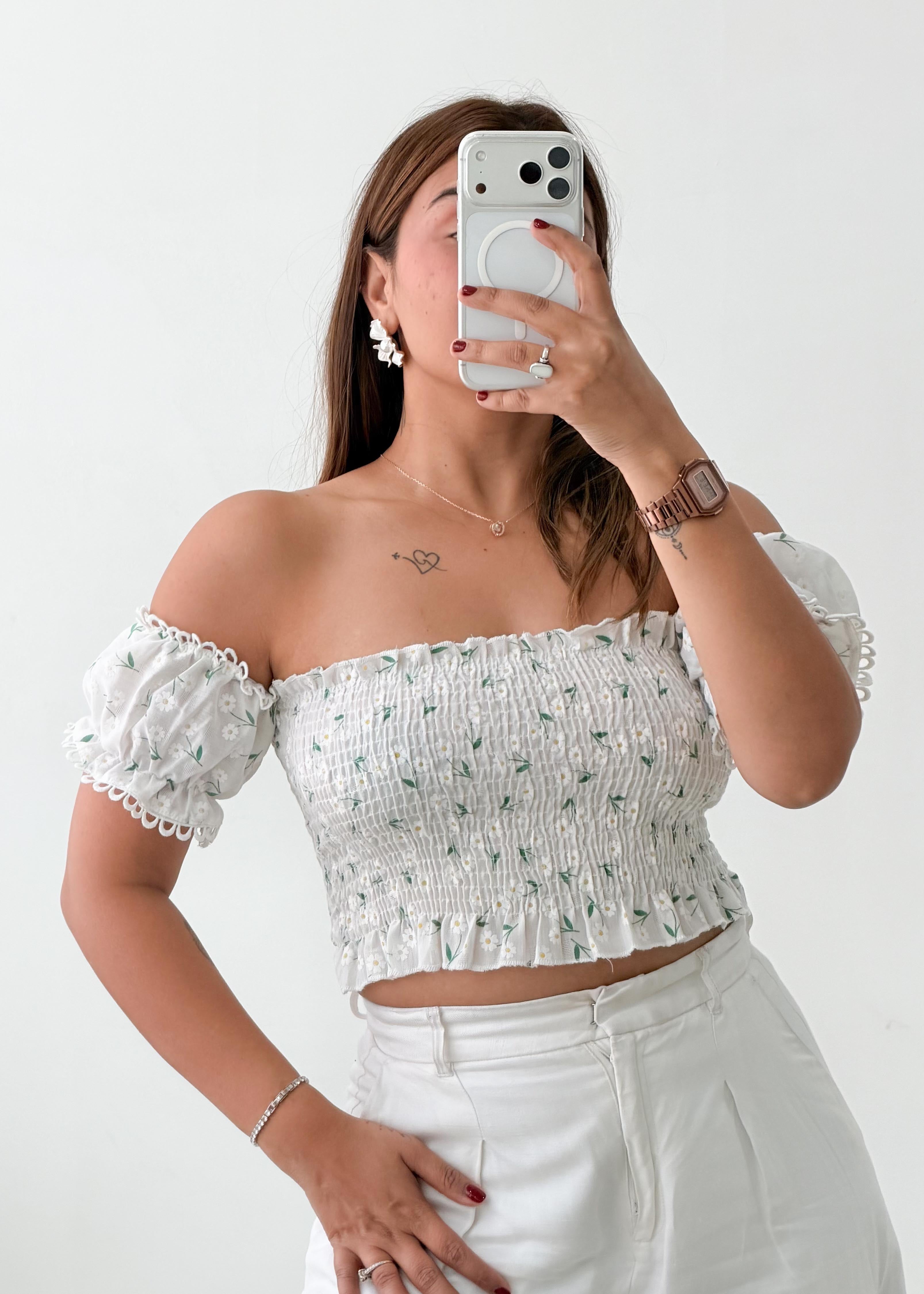 Size XS-S White Off-Shoulder Smocked Crop Top