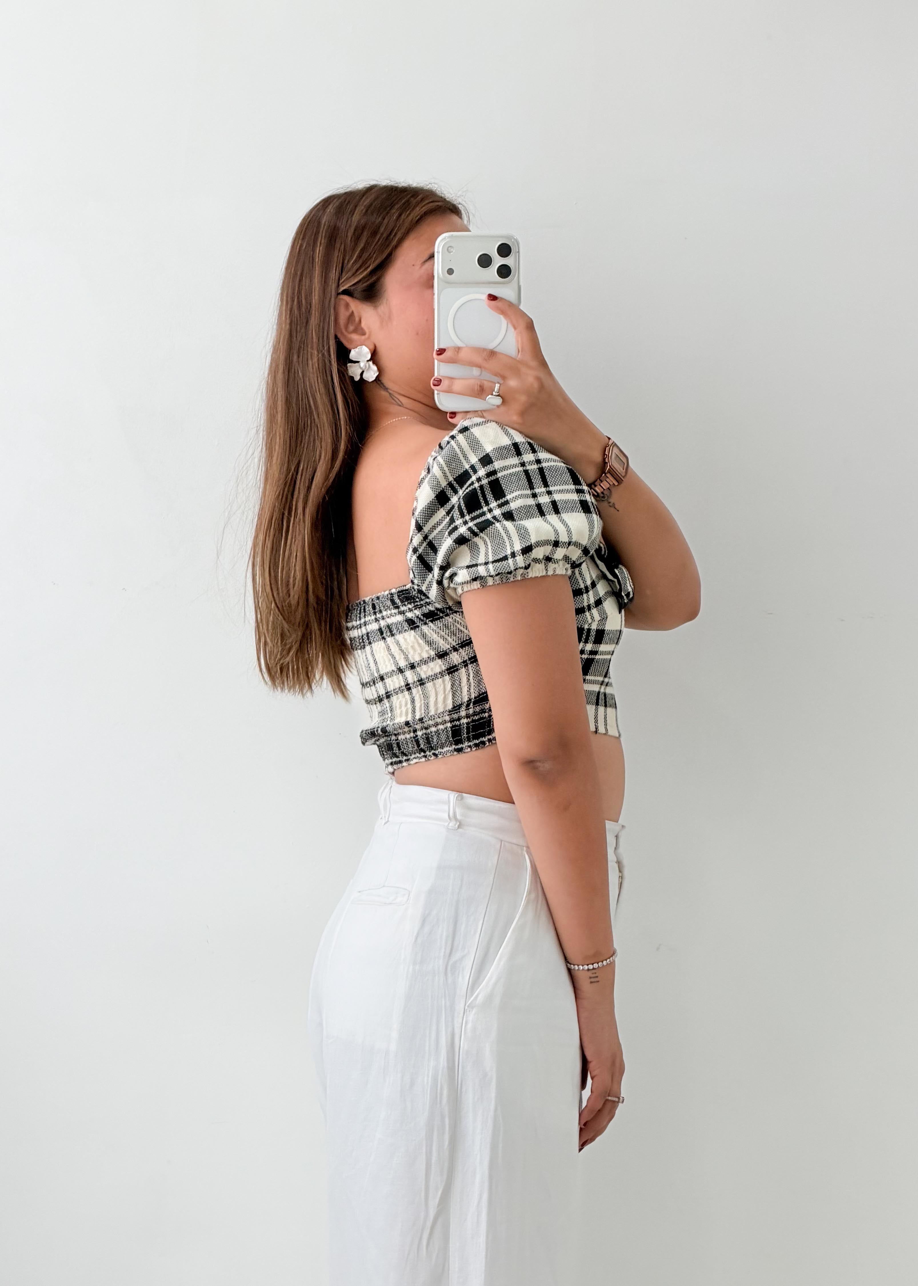Size XS Black White Plaid Bow Crop Top