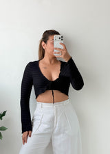 Size S-M Black Tie-Front Ribbed Crop Top