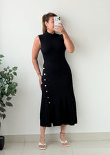 Size XS-M Black Button Detail Midi Dress