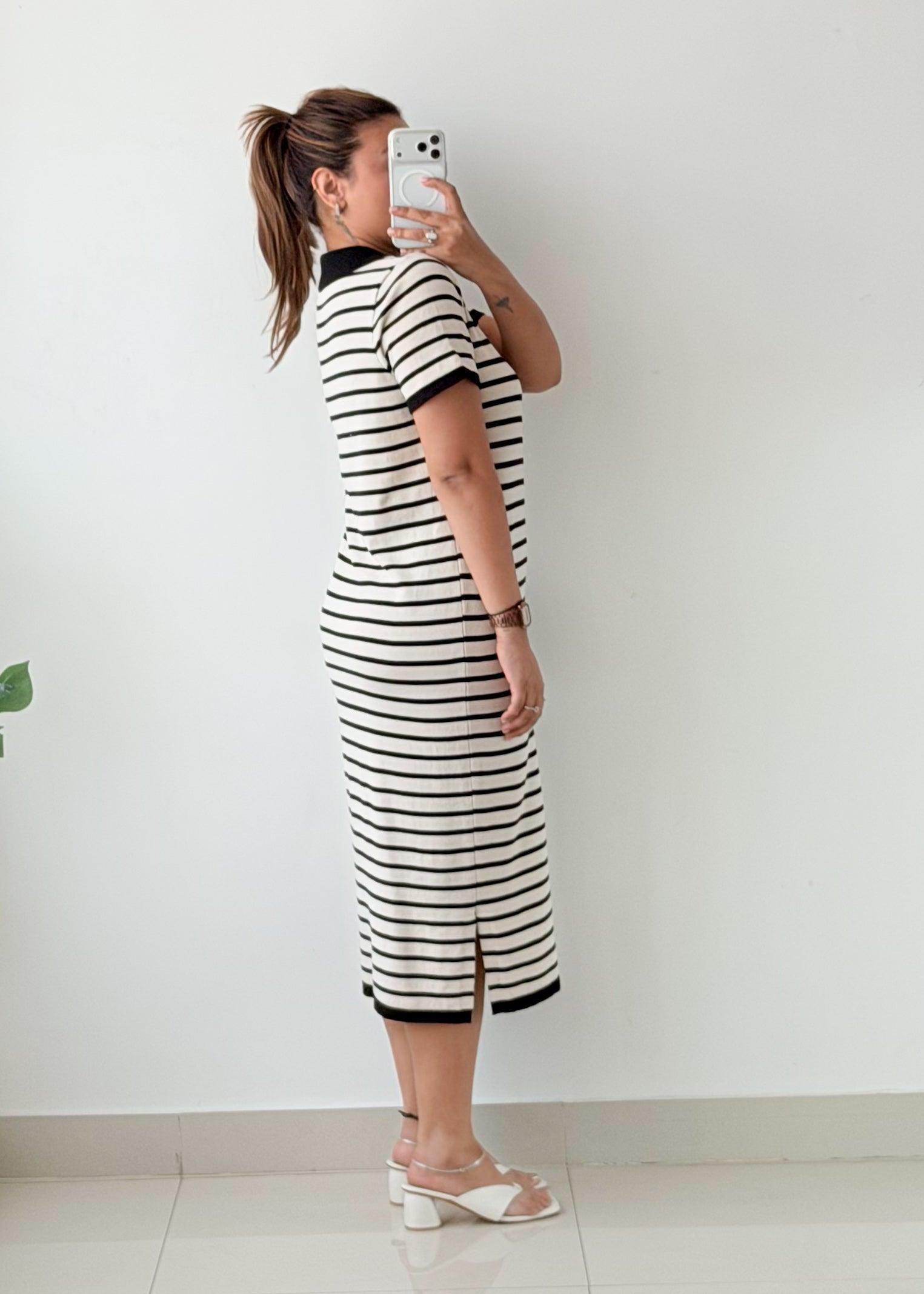 Size L-XL Black White Striped Midi Dress