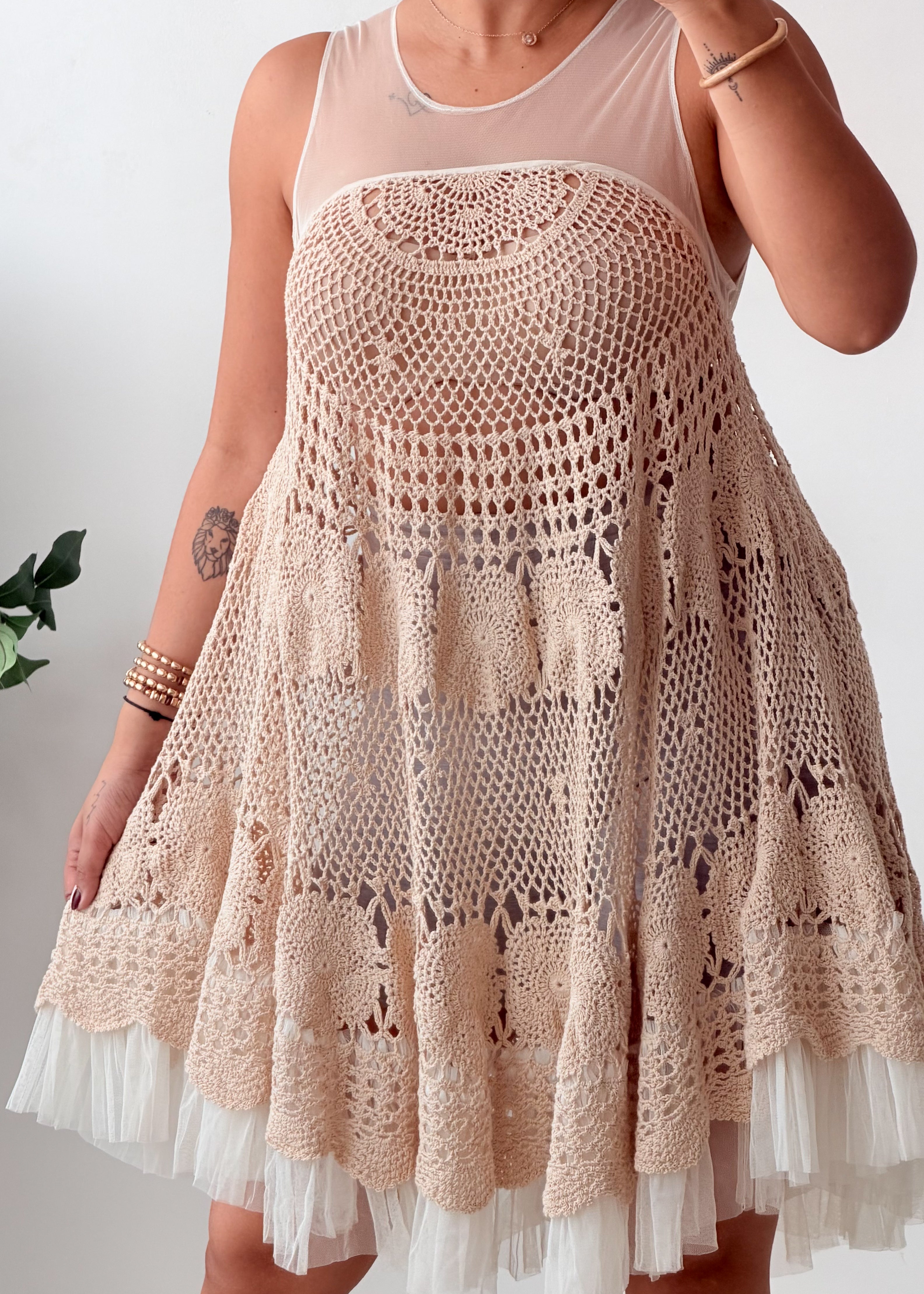 Size S-M Beige Crochet Lace Fit-and-Flare Dress