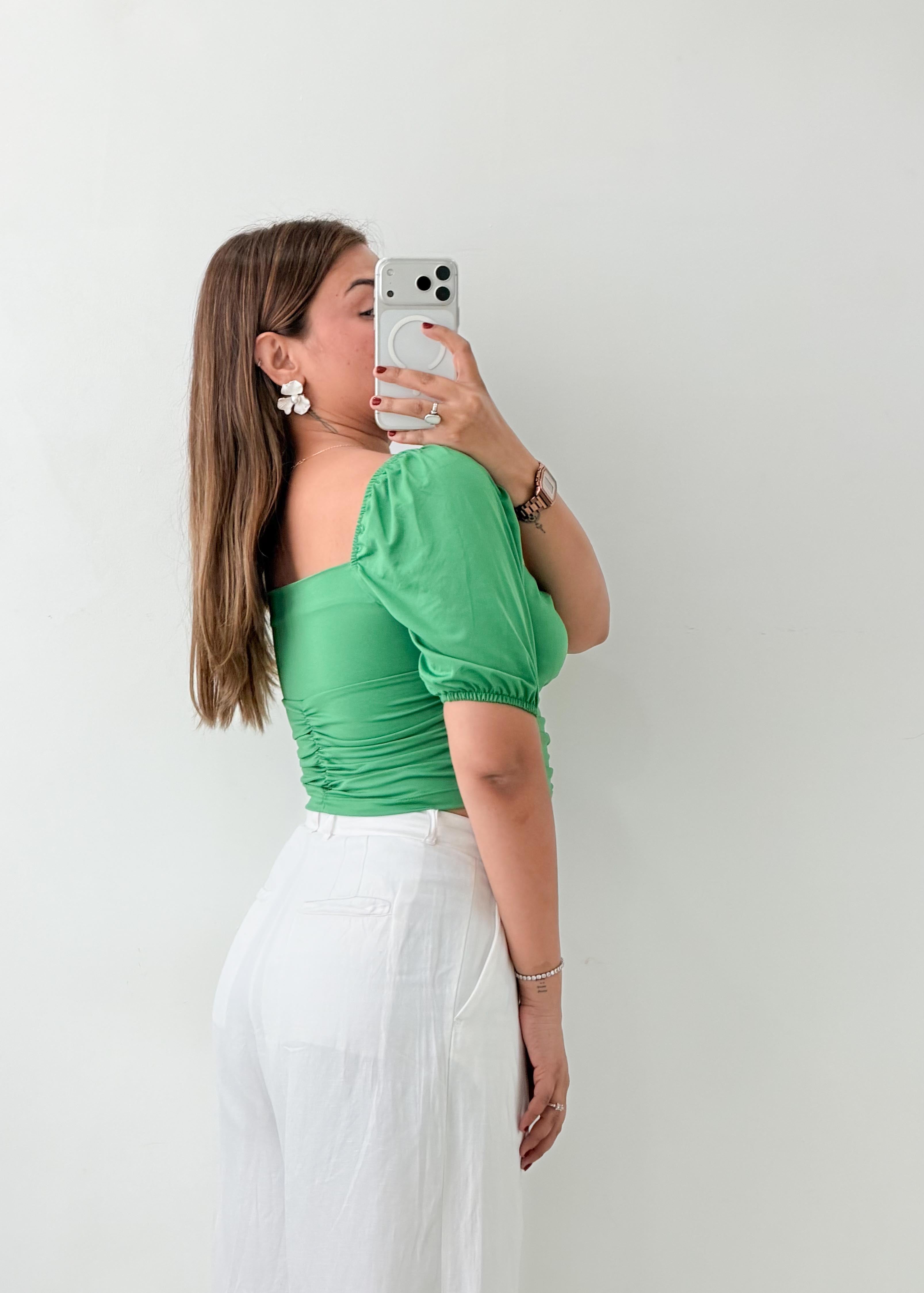 Size S-M Green Ruched Puff Sleeve Crop Top