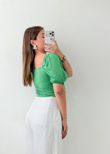 Size S-M Green Ruched Puff Sleeve Crop Top