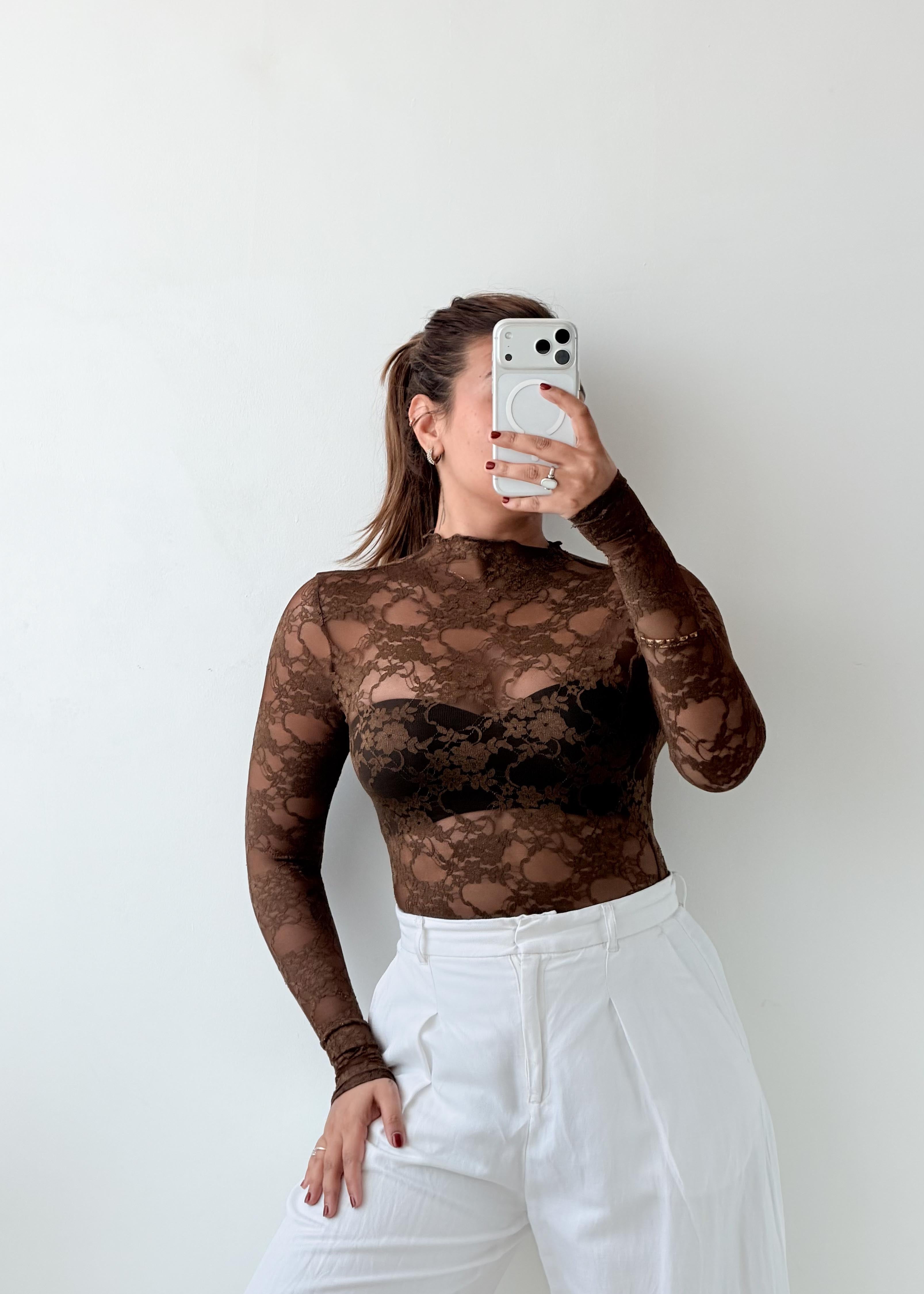 Size XS-S Brown Lace Mesh Bodysuit
