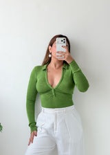 Size XS-S Green Button-Front V-Neck Bodysuit