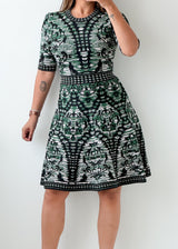 Size S-M Green Printed Fit & Flare Mini Dress