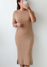 Size M-L Beige Checked Bodycon Midi Dress