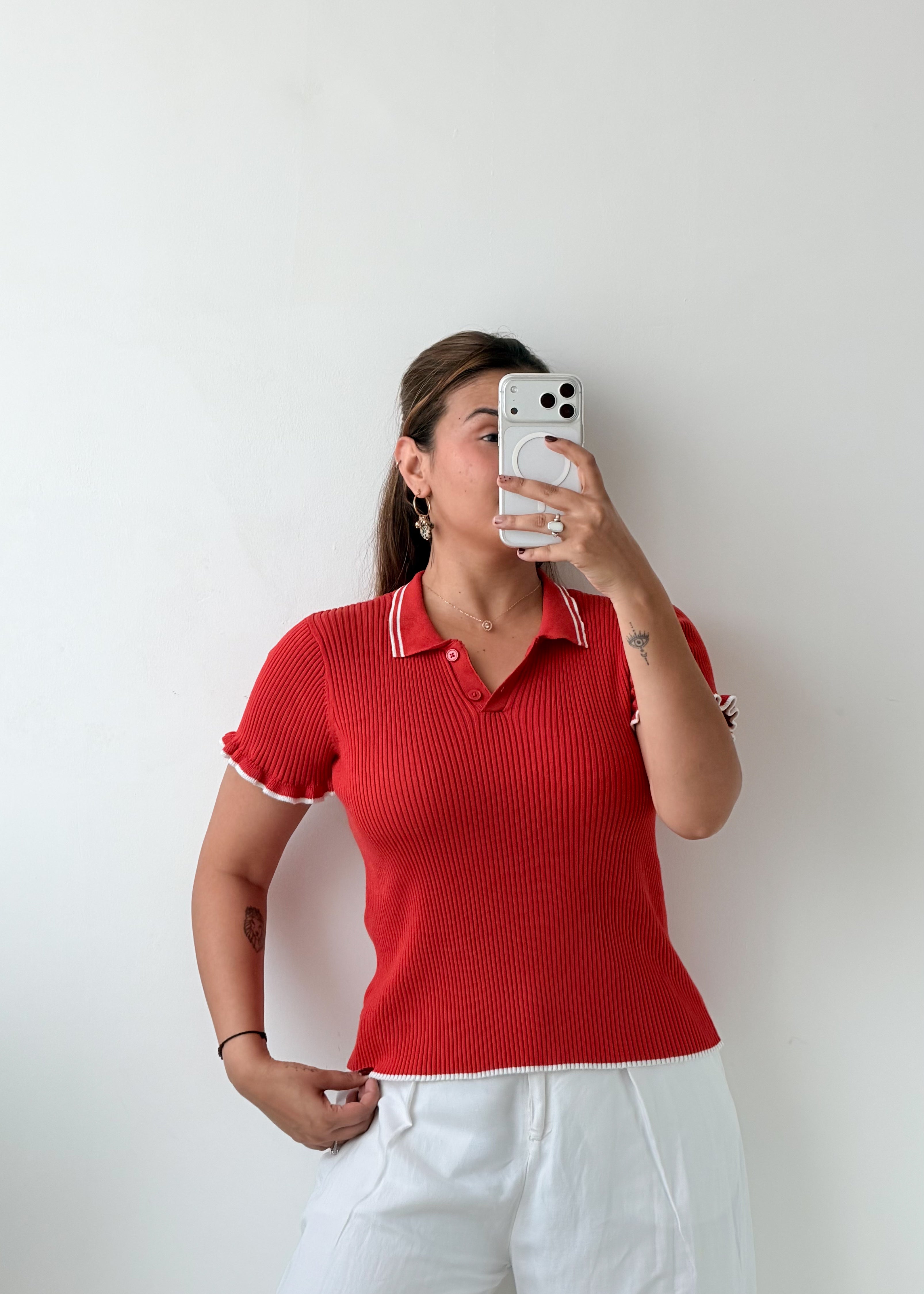 Size L-XL Rust Ribbed Polo Top