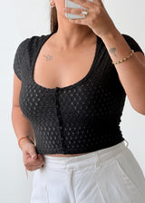 Size S-M Black Textured Button-Front Top