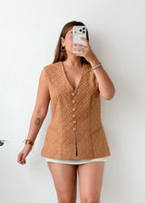Bust 44, Tan Textured Button-Front Vest Top