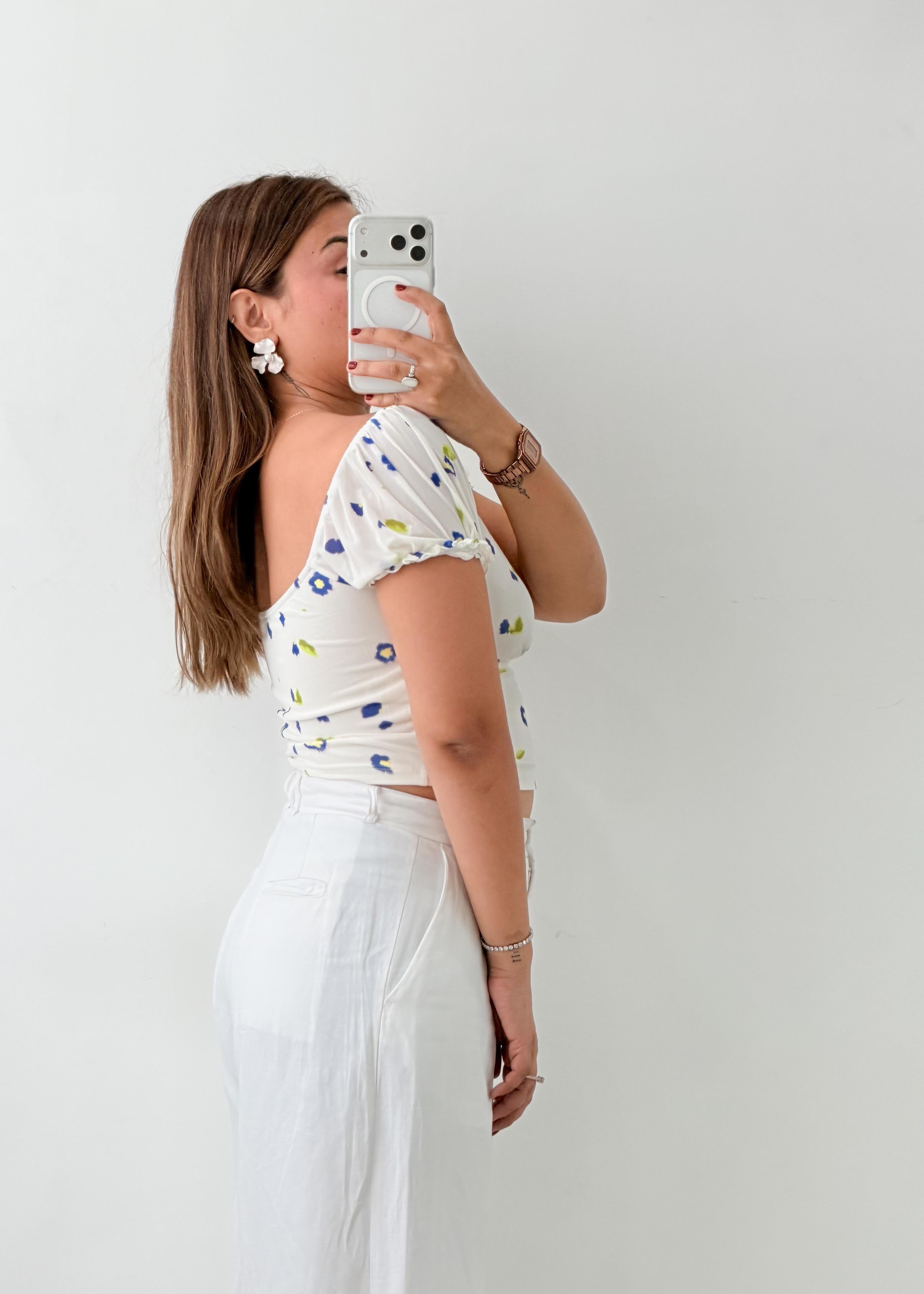 Size XS-S White Blue Floral Crop Top