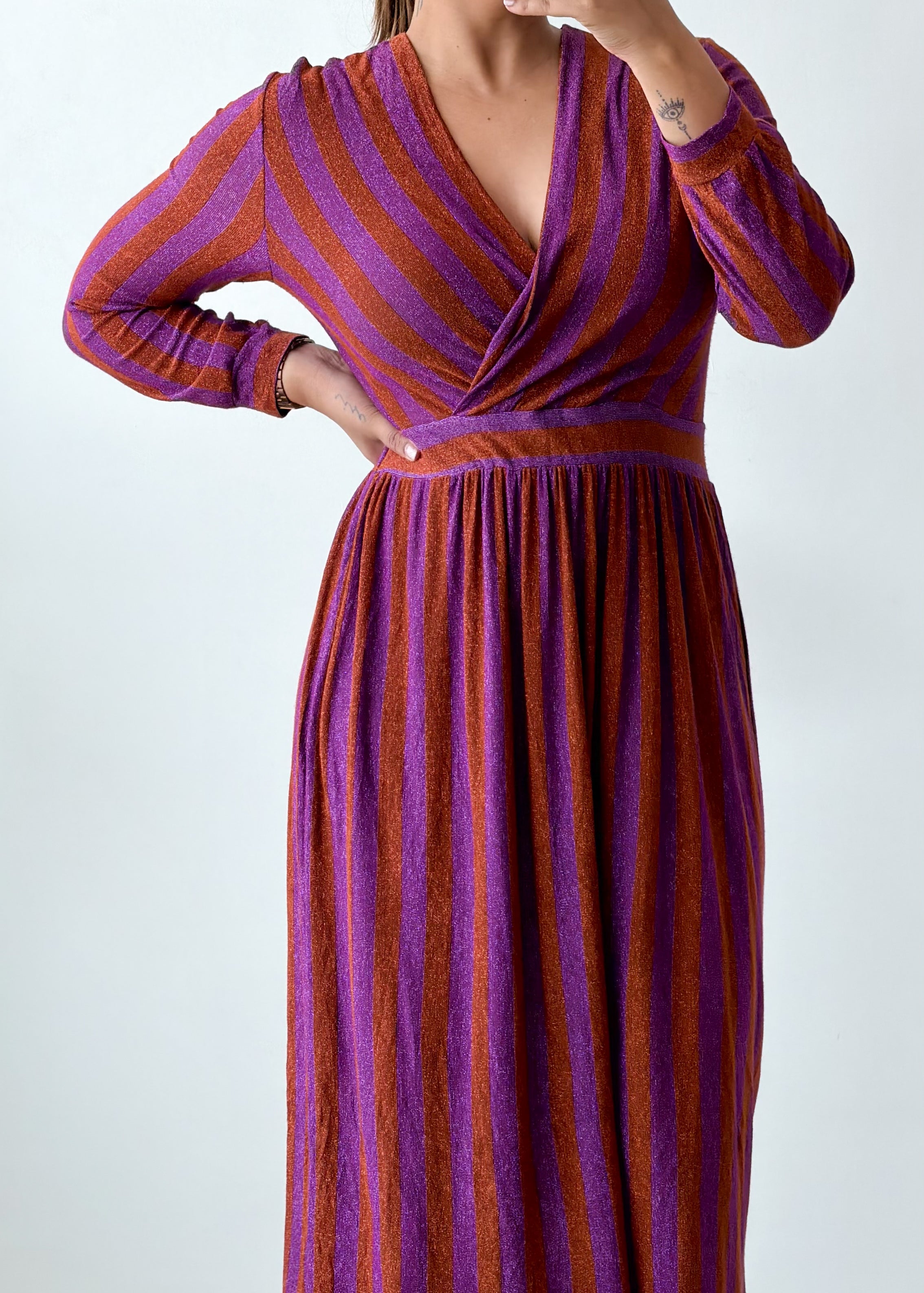Size M-L Purple Rust Striped Wrap Midi Dress
