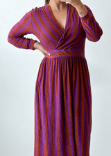 Size M-L Purple Rust Striped Wrap Midi Dress