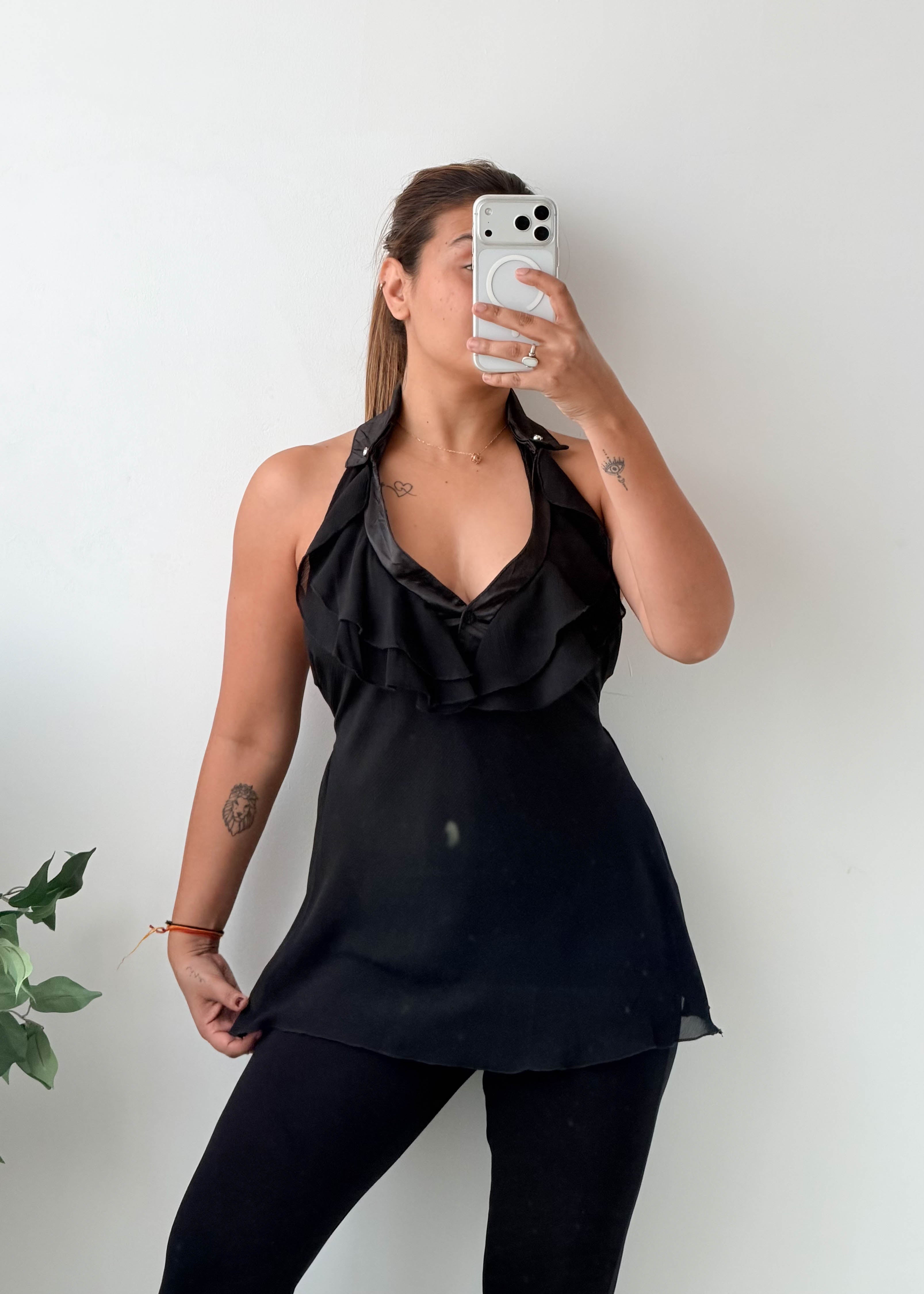 Size S-M Black Ruffle Halter Neck Top