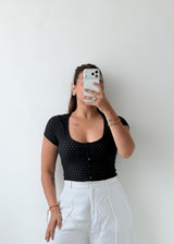 Size S-M Black Textured Button-Front Top