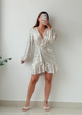 Size L-XL Silver Sequin Wrap Mini Dress