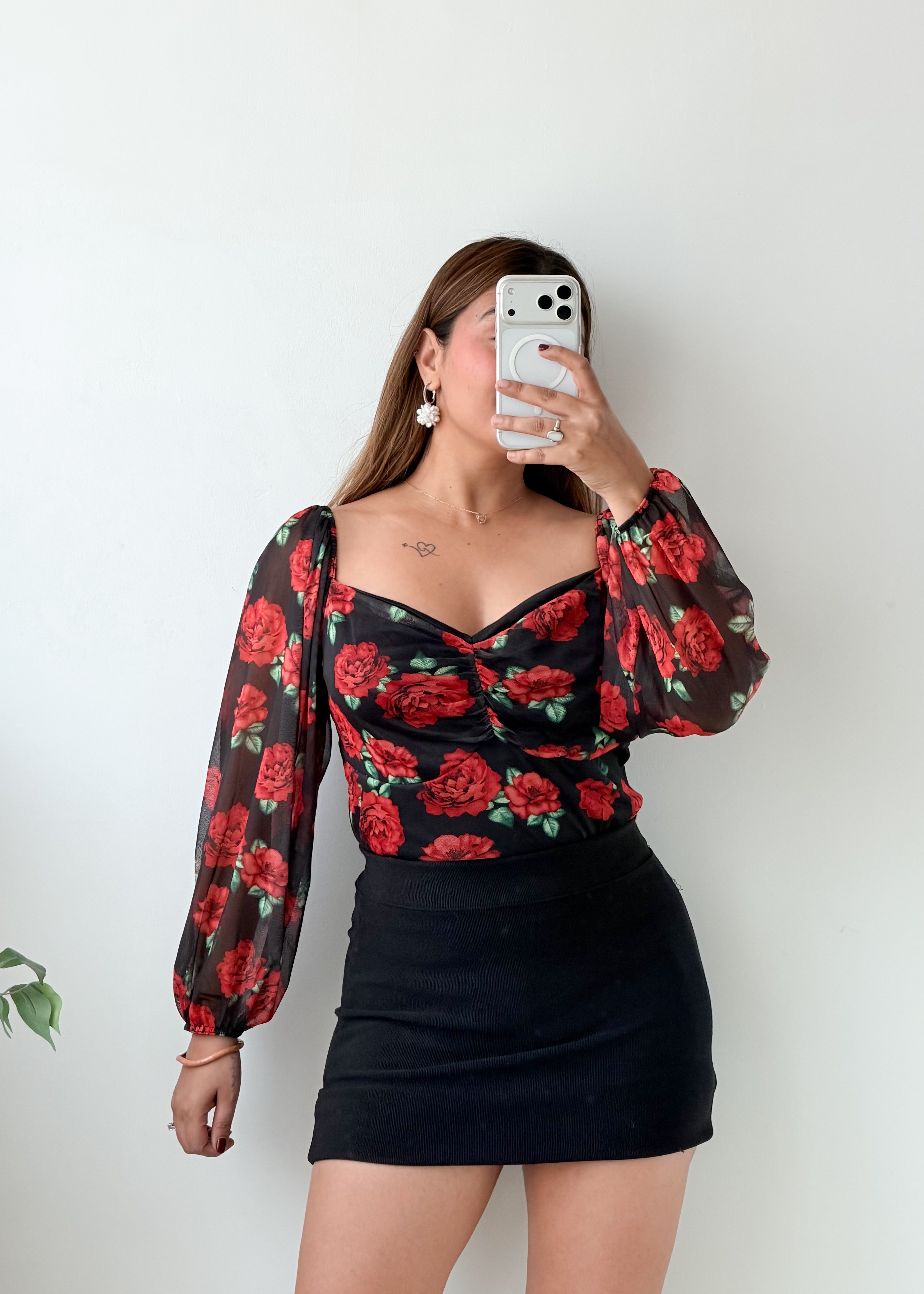 Size L-XL Black Floral Print Corset Bodysuit
