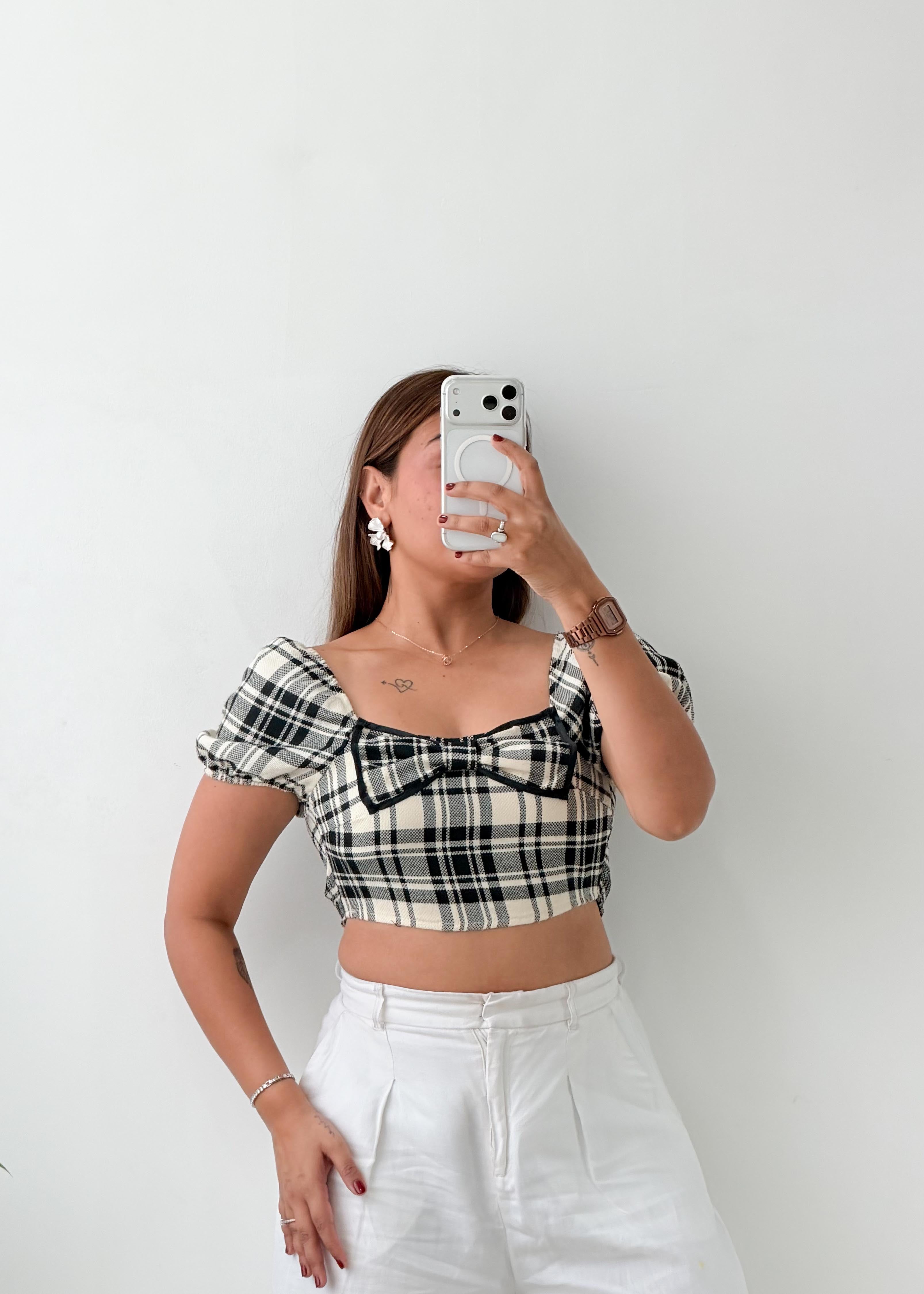 Size XS Black White Plaid Bow Crop Top