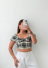 Size XS Black White Plaid Bow Crop Top