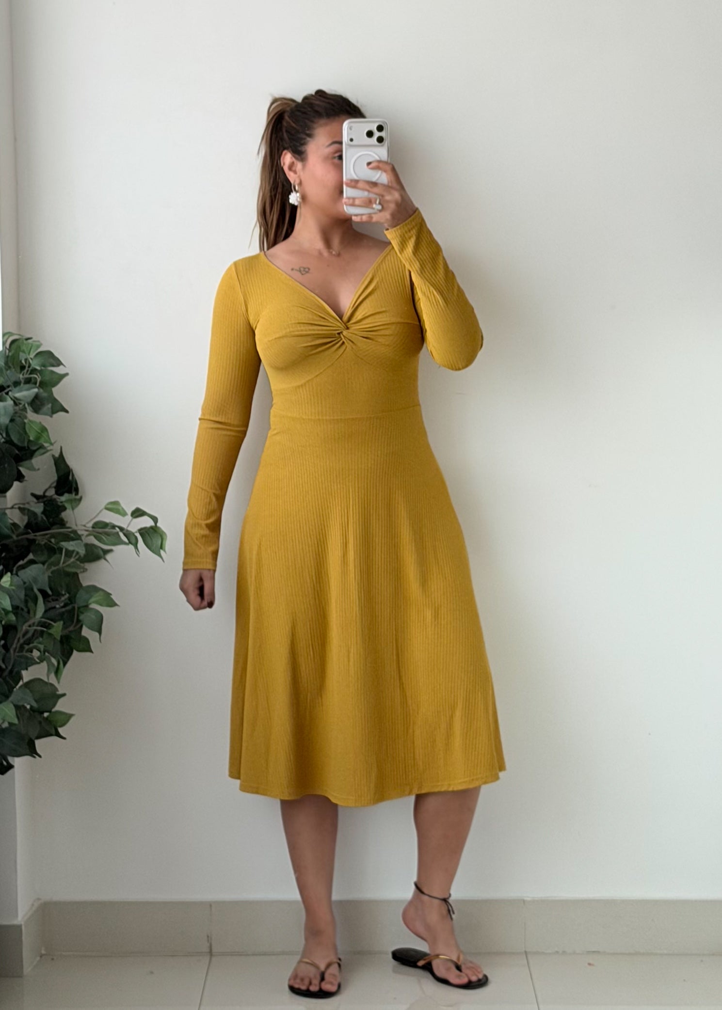 Size S-M Mustard Yellow Twist Front Flared Midi Dress