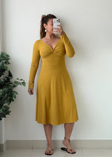 Size S-M Mustard Yellow Twist Front Flared Midi Dress