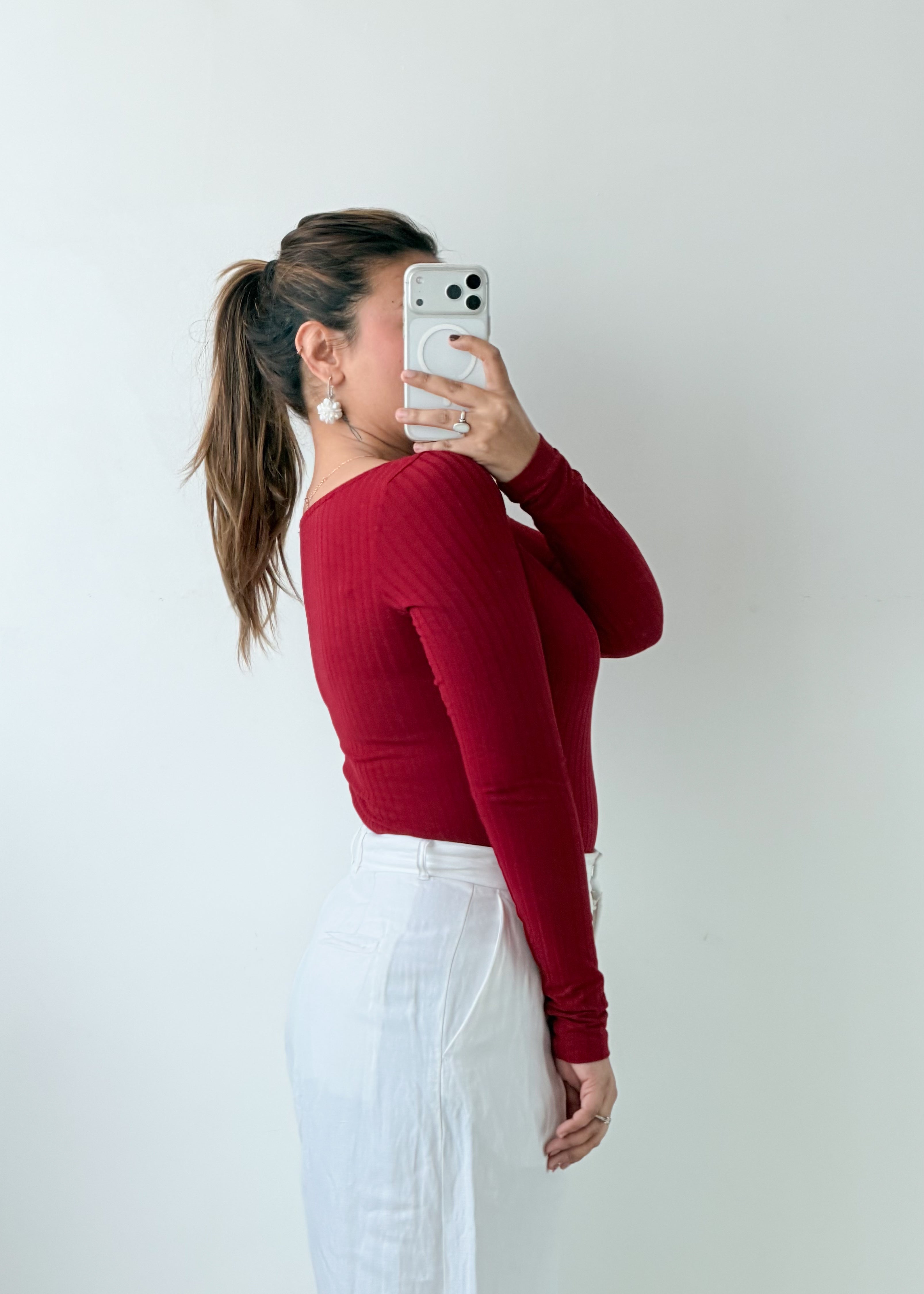 Size M-L Burgundy Crisscross Neck Ribbed Bodysuit
