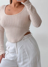 Size S-M Beige Ribbed Scoop Neck Top