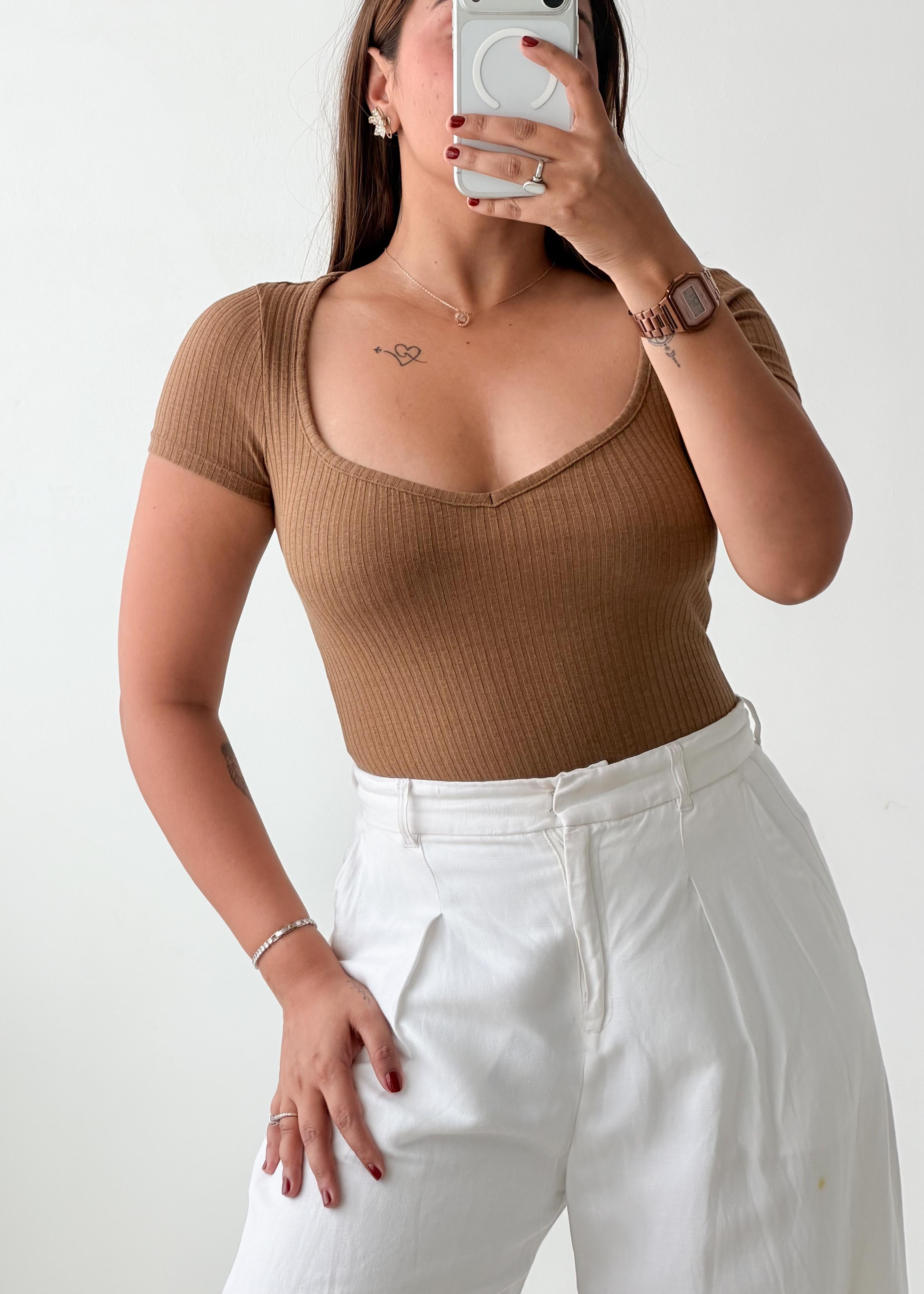 Size XS-S Mocha Ribbed Bodysuit