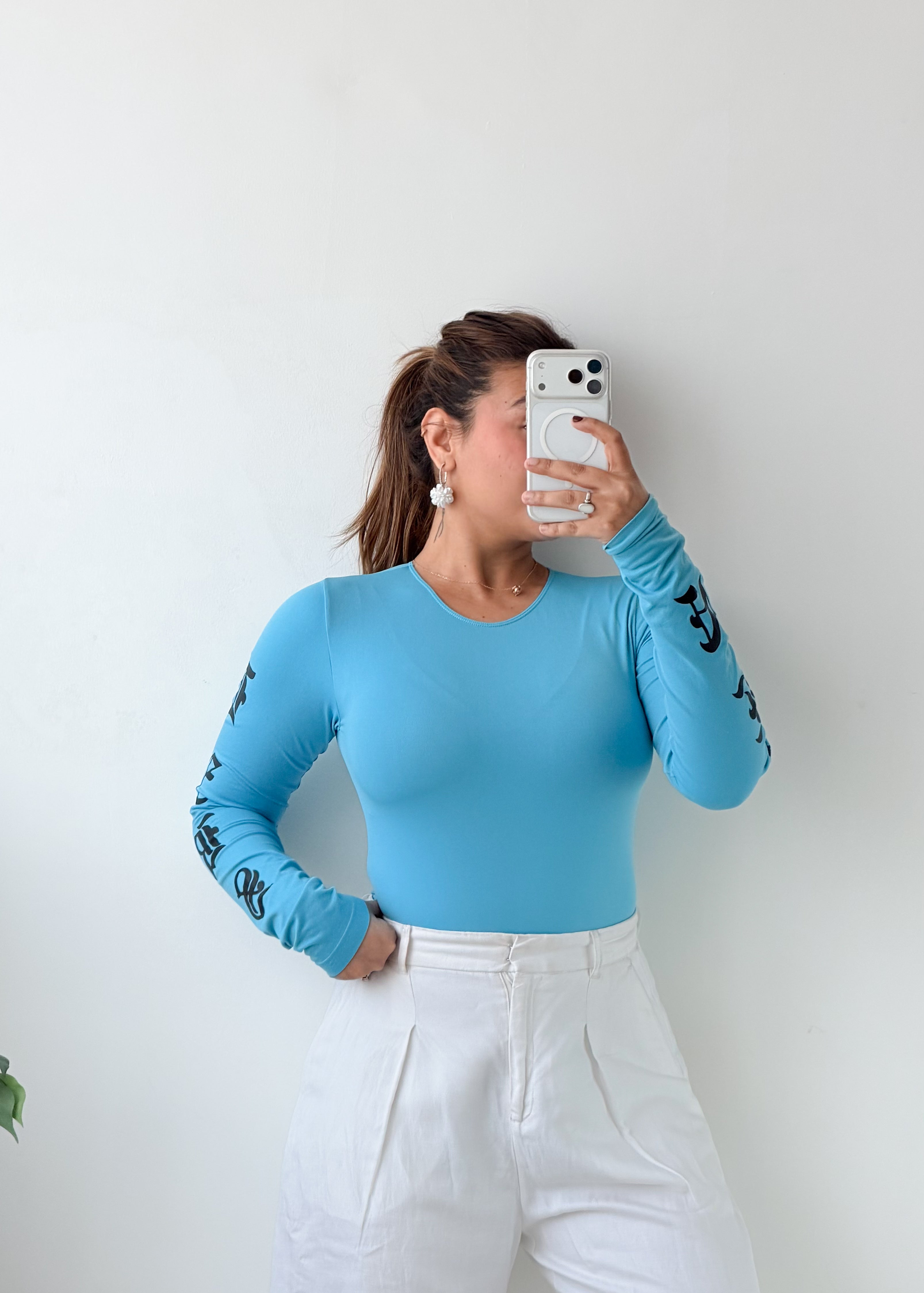 Size S-M Sky Blue Printed Sleeve Bodysuit